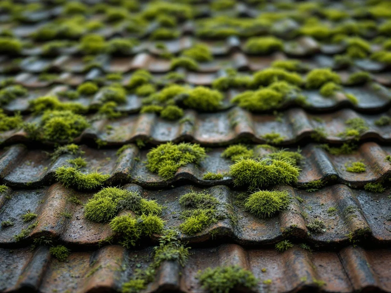 Tuiles couvertes de mousse restant sombres et humides après la pluie
