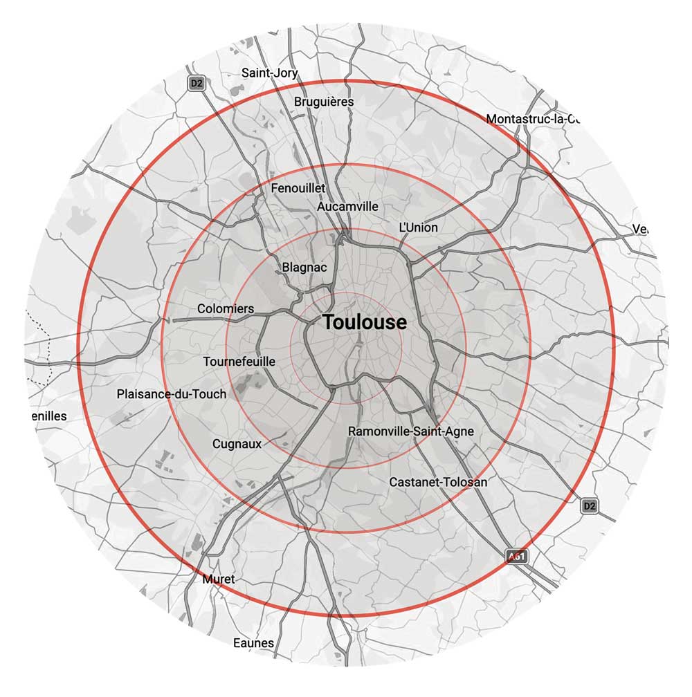 carte de la zone d'intervention de rénovation de toiture autours de Toulouse
